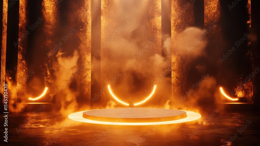 Poster illuminated performance stage with dramatic lighting and fog creating an atmospheric and visually st