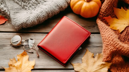 Fototapeta premium Cozy Autumn Still Life with Red Wallet, Pumpkin and Leaves