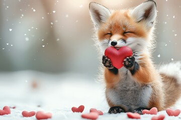 Obraz premium Playful baby fox with heart-shaped paw prints in nature cute animal photography winter wonderland joyful mood