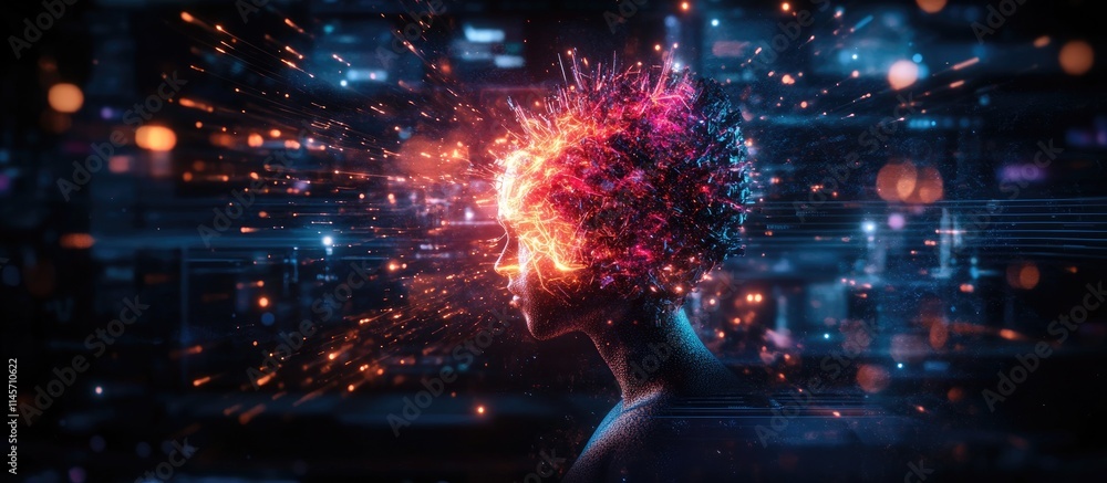Poster futuristic ai concept with abstract technology explosion around a human head representing creativity