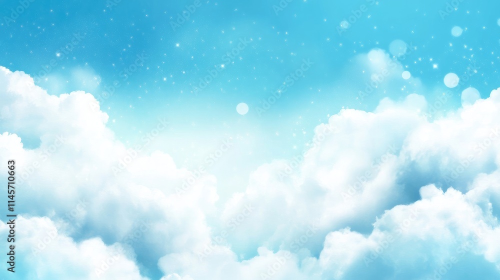 Poster soft focus blue sky with fluffy clouds and ethereal bokeh lights creating a dreamy atmospheric backg
