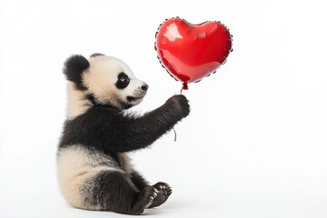 Obraz premium Adorable baby panda holding heart balloon studio setting cute animal photography white background tender moment