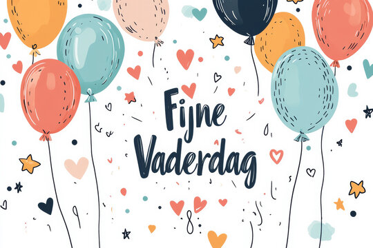 Happy Father's Day card illustration written in Dutch language Fijne Vaderdag like a kid drawing with balloons on a white background