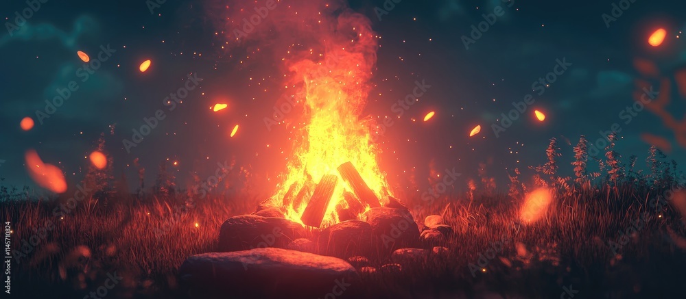 Poster captivating campfire glowing in the night surrounded by nature with embers floating in the air creat