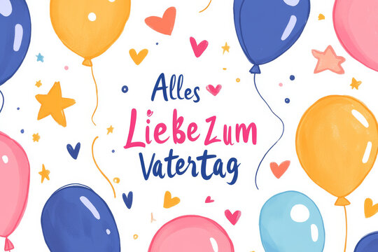 Happy Father's Day card illustration written in German language Alles Liebe zum Vatertag like a kid drawing with balloons on a white background