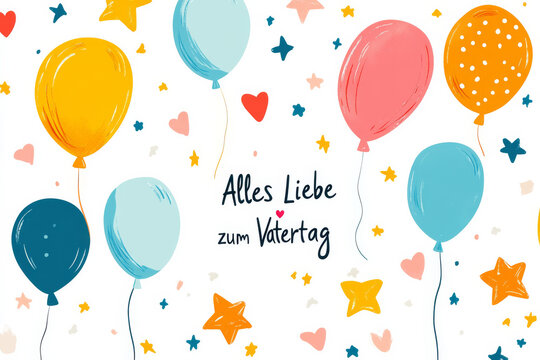 Happy Father's Day card illustration written in German language Alles Liebe zum Vatertag like a kid drawing with balloons on a white background