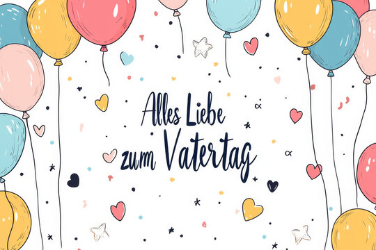Happy Father's Day card illustration written in German language Alles Liebe zum Vatertag like a kid drawing with balloons on a white background