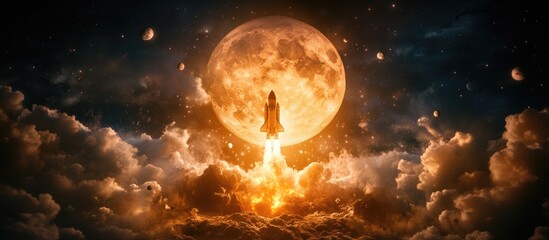 Spaceship launch with smoke and blast ascending toward a full moon in a dramatic sky showcasing the concept of space exploration and aerospace engineering