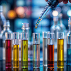 The image shows a laboratory setting with a dropper transferring liquid into a test tube, surrounded by several other test tubes containing various substances. The background is colorful and blurred, 