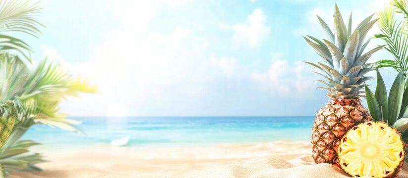 Tropical beach scene with fresh pineapple on sandy shore evoking travel and holiday vibes with ample copy space for text overlay - Powered by Adobe