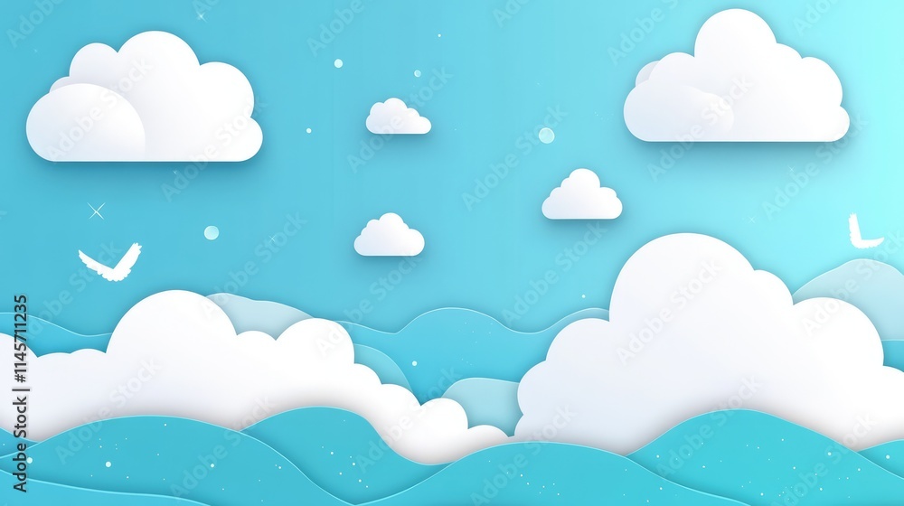 Aufkleber stylized background featuring soft white clouds against a serene blue sky with gentle waves for a ca