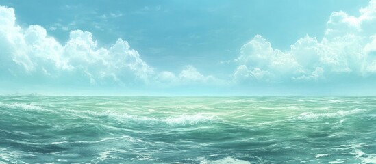 Obraz premium Serene panoramic ocean view with green waters under a bright blue sky and fluffy white clouds on the horizon.