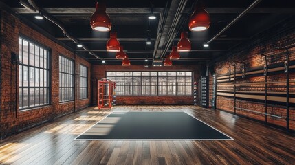 Spacious industrial gym with exposed brick, large windows, and red pendant lights. Ideal for fitness, workout, or health-related websites and marketing materials.
