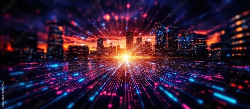 Poster holographic code concepts illuminating a modern city skyline showcasing artificial intelligence and 