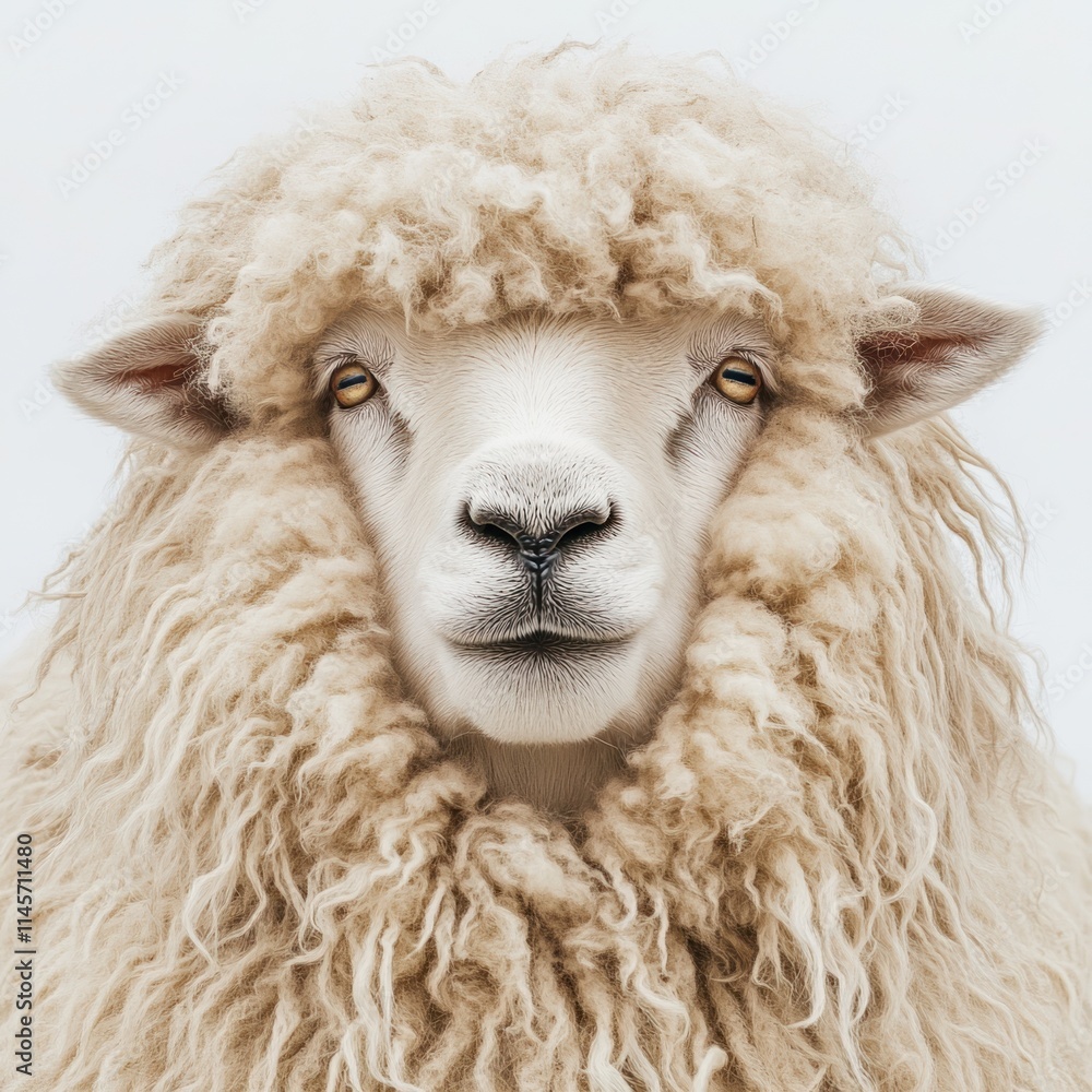 Poster a close-up of a fluffy sheep with a distinctive wool coat and a calm expression.