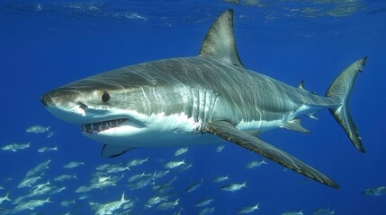 Fototapeta premium Majestic Shark Swimming Gracefully in Clear Blue Ocean Waters