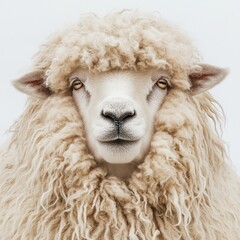 A close-up of a fluffy sheep with a distinctive wool coat and a calm expression.