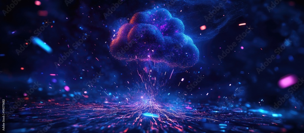 Poster futuristic cloud technology concept depicting data exchange and storage with vibrant particles illus