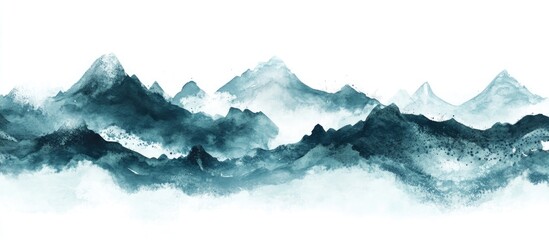 Serene abstract watercolor landscape with mountains and mist on a clean white background for calming visual content and relaxation themes