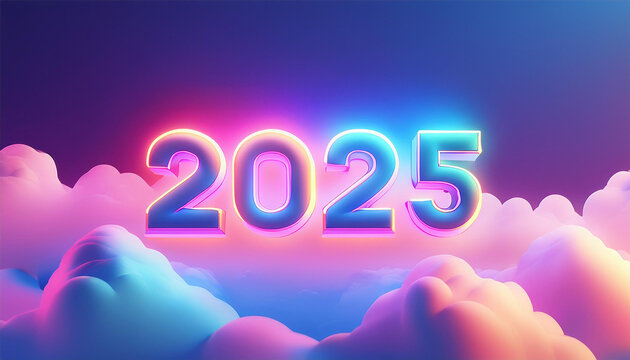 New year 2025. Iridescent colorful calendar date on dark fluid background. Multicolor numbering design.