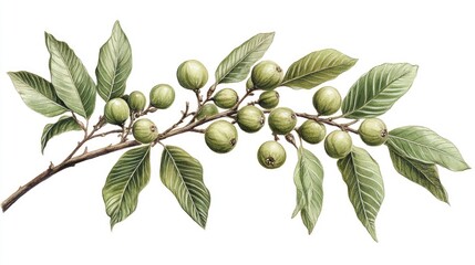 Common walnut branch with lush green leaves and unripe fruits on a white background ideal for botanical illustrations and natural themes