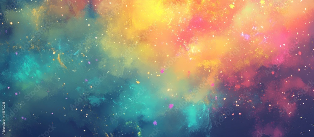Poster vibrant cosmic abstract background with colorful swirls and luminous particles in a dreamy sky setti