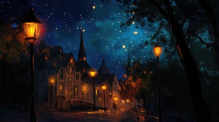 Naklejka premium Dreamy street scene with glowing lamps illuminating a quiet town under a starry night sky surrounded by trees and historic architecture.