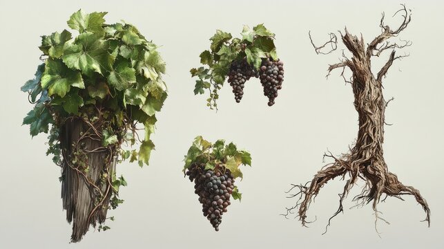 Vitis vinifera grapevine with clusters of grapes and twisted roots in various stages of growth and decay