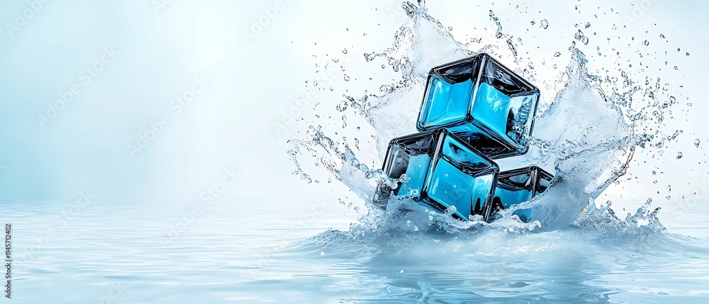 Aufkleber abstract blue cubes splash into water, creating dynamic waves and ripples, conveying a sense of moti
