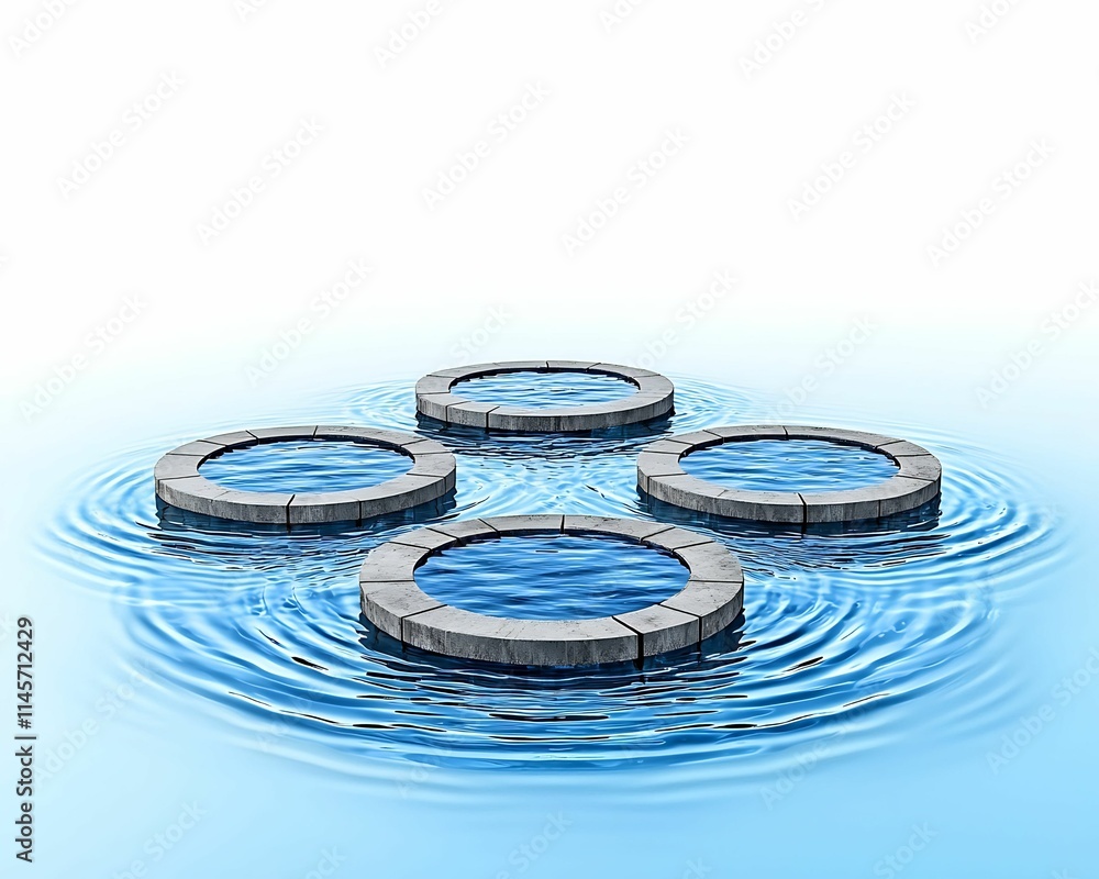 Poster four circular stone platforms float on a calm, rippling blue surface, creating a serene and balanced