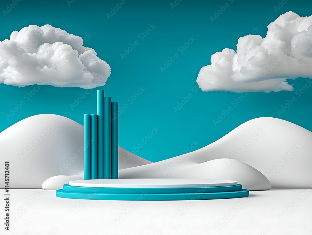Poster a vibrant scene featuring abstract forms, clouds, and hills in a minimalist style, creating a modern