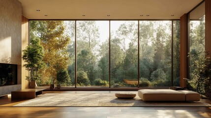 Modern Empty Living Room with Floor to Ceiling Windows and Nature View