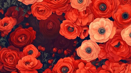 Naklejka premium Vibrant Ranunculus and Anemone Flower Background in Rich Red and Coral Hues for Elegant Floral Design and Decoration Projects