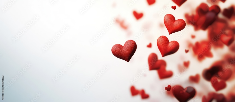 Poster blurred red hearts floating in the air against a soft white background symbolizing love and affectio