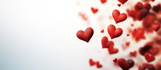 Obraz premium Blurred red hearts floating in the air against a soft white background symbolizing love and affection for creative concepts and designs.