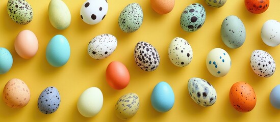 Colorful spotted Easter eggs in various patterns arranged on a vibrant yellow background showcasing a festive spring theme