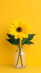 Fototapeta premium A bright yellow sunflower in a clear glass vase against a vibrant yellow background, showcasing natural beauty and simplicity.