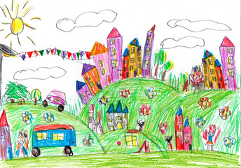 Child drawing buildings and cars. Happy family on a walk. Pencil art in childish style