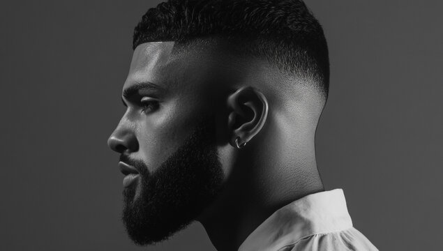 Photo of a man with a faded haircut and beard, showing a side-parted hairstyle