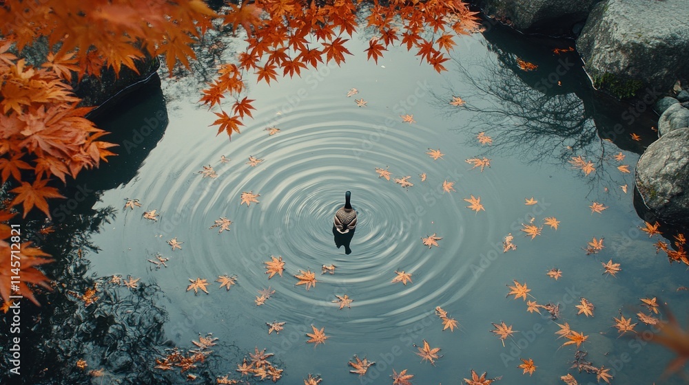 Poster a serene pond with a duck and autumn leaves creating ripples in the water.