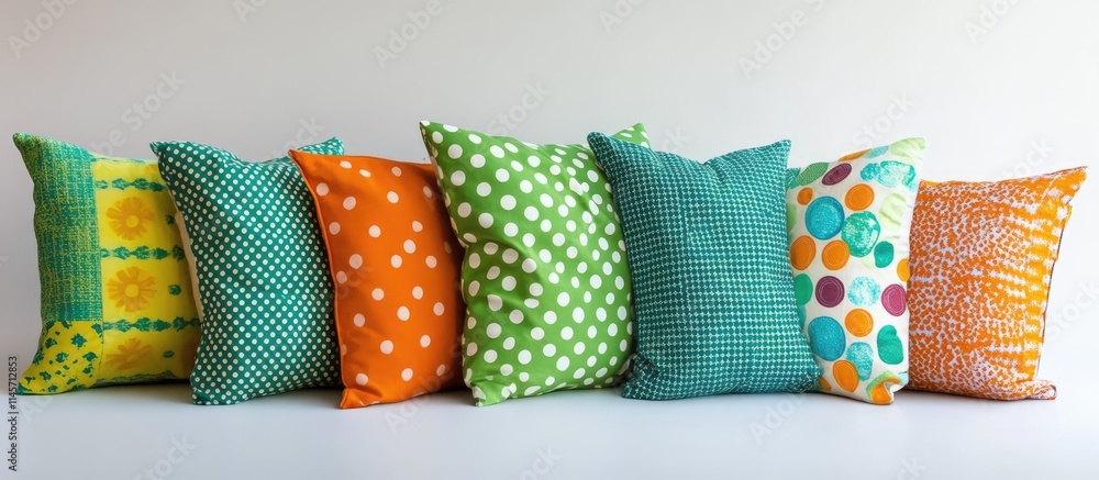 Poster colorful patchwork pillows with polka dots and vibrant patterns enhancing playful home decor and int