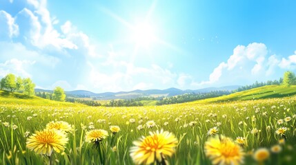 Fototapeta premium Vibrant meadow filled with blooming dandelions under a clear sunny sky in springtime nature landscape scenery.