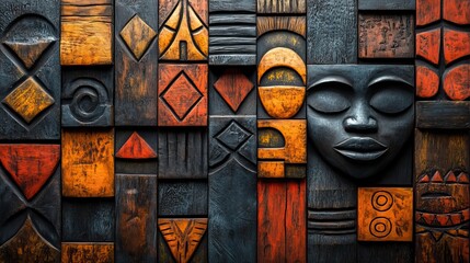 African wood and texture with geometric background, tribal art wallpaper carving, traditional decoration, illustration with 3D graphic and abstract pattern or paint for dynamic shape.