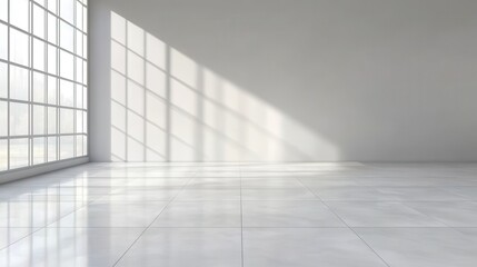 Sunlit Modern Room: Clean lines and bright sunlight stream through a large window, illuminating a spacious, minimalist room with gleaming floors. Ideal for showcasing furniture, products.