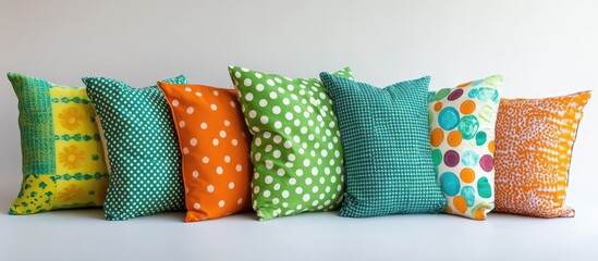 Fototapeta premium Colorful patchwork pillows with polka dots and vibrant patterns enhancing playful home decor and interior design aesthetics