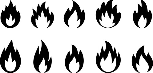 Collection of Black Fire Symbols on White Background