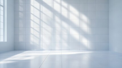 Obraz premium Sunlit Minimalism: A stark white room bathed in the soft glow of sunlight streaming through a window, creating a clean and serene ambiance.