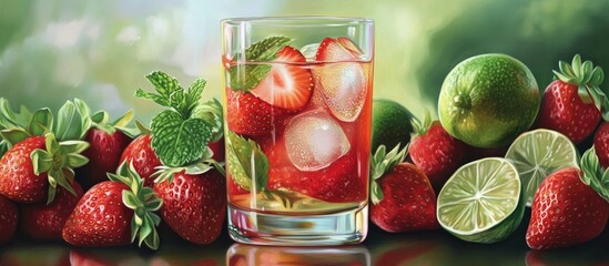 Refreshing summer cocktail with strawberries ice mint and lime surrounded by fresh ripe strawberries and lime slices on a vibrant background