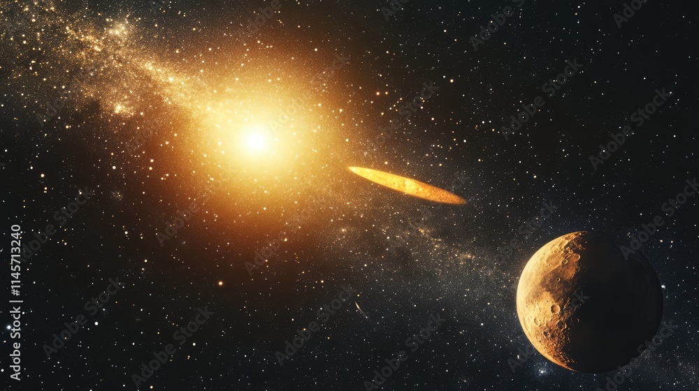 Poster cosmic harmony comet and crescent moon with distant planet under a setting sun in space