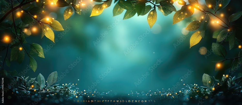Poster hazy dark blue green backdrop with bokeh lights and blurred twigs creating a serene natural border f